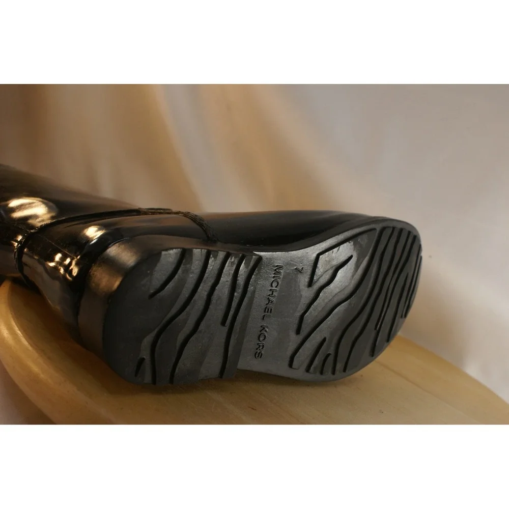 Michael Kors Fulton Black Rubber Rain Boots Gold MK Logo Medallion Womens 7